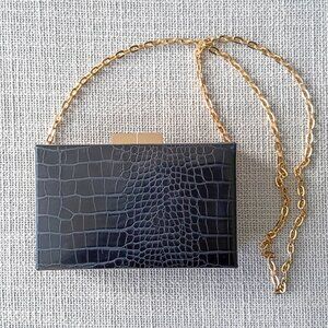 FOREVER21 Black faux Leather stylish clutch with golden chain and clasp